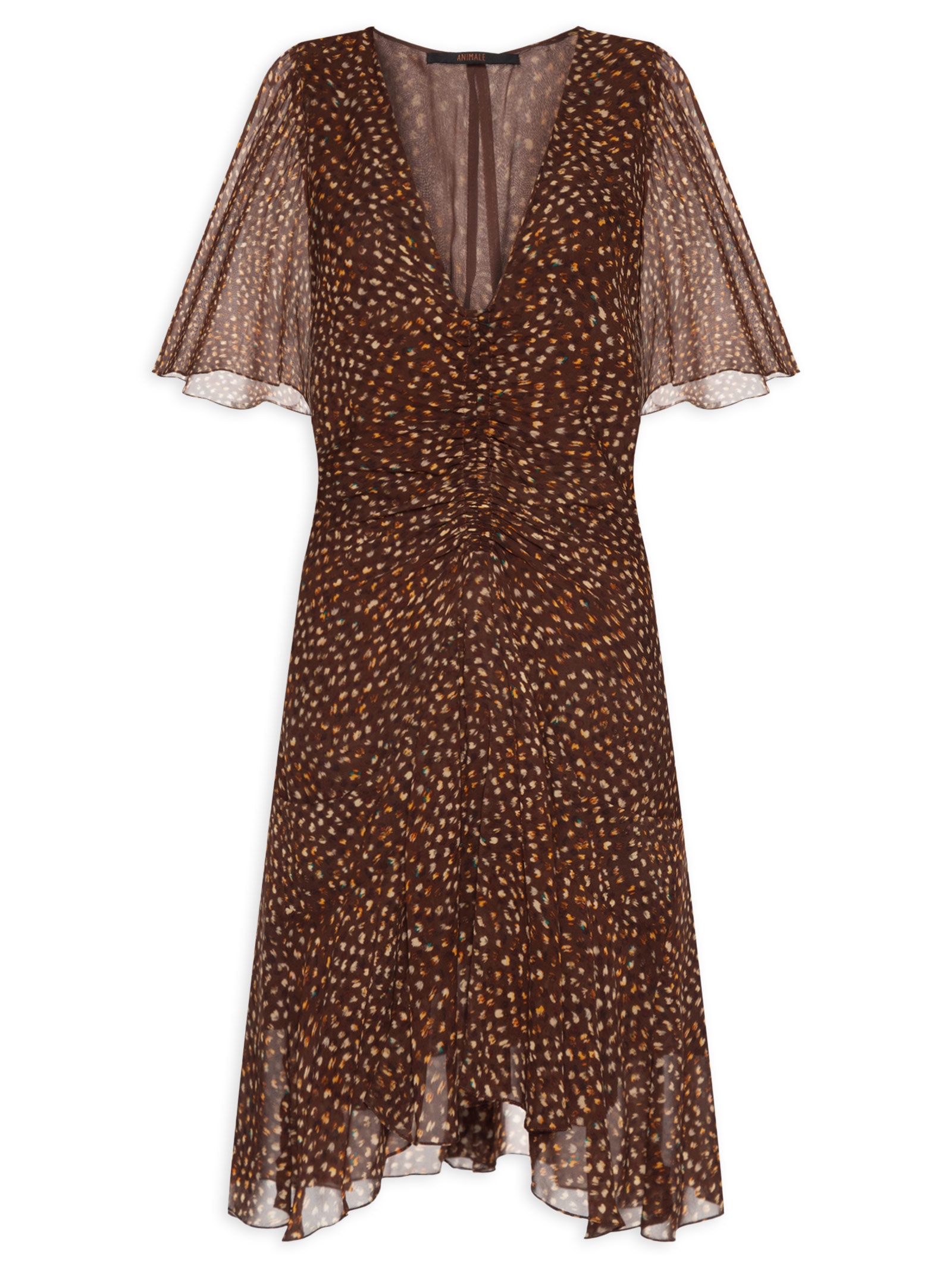 Vestido Curto Franzido Textura Selva Marrom Animale