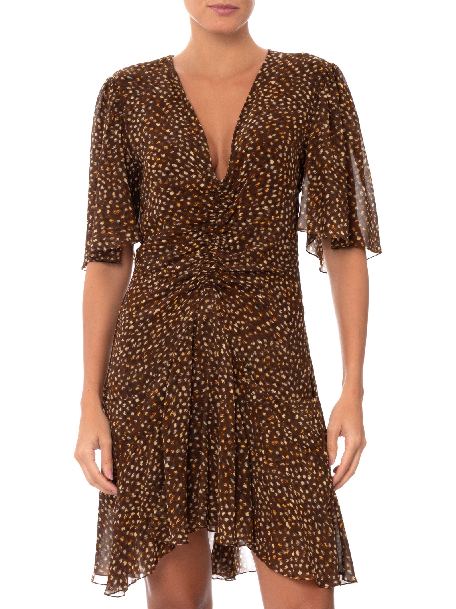 Vestido Curto Franzido Textura Selva Marrom Animale