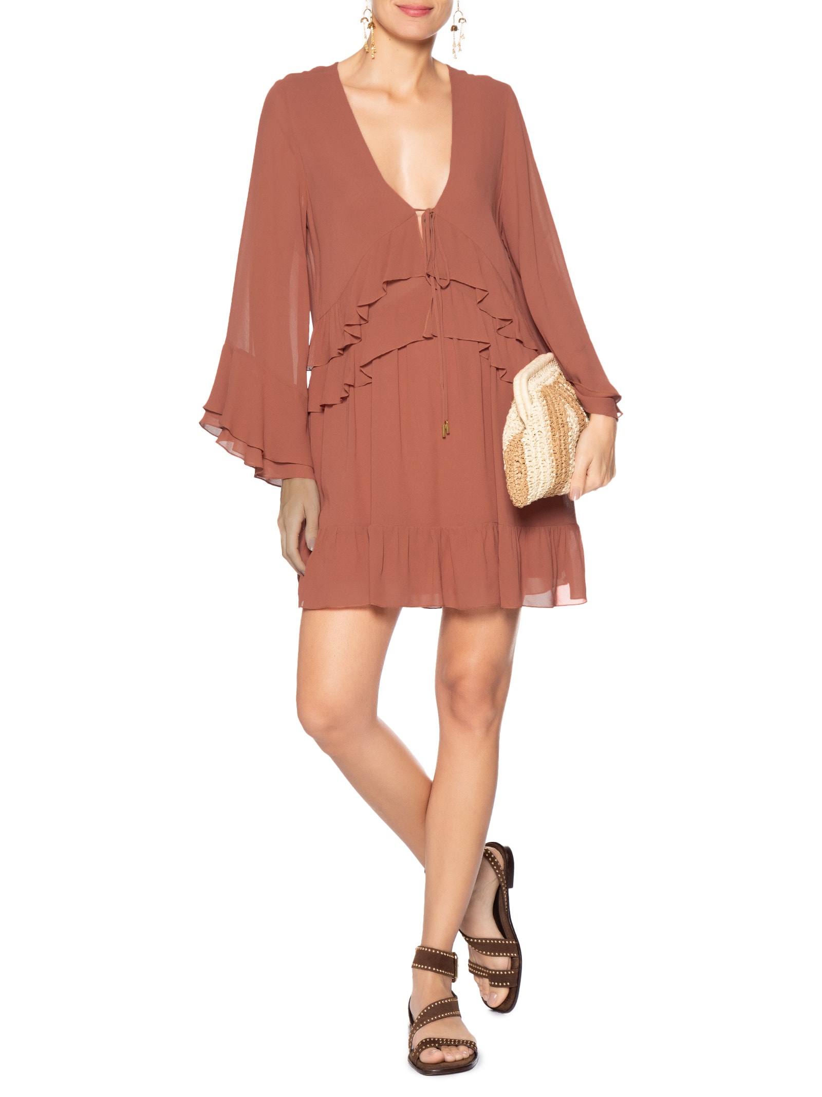 Vestido Curto GGT Babados Marrom Dress To