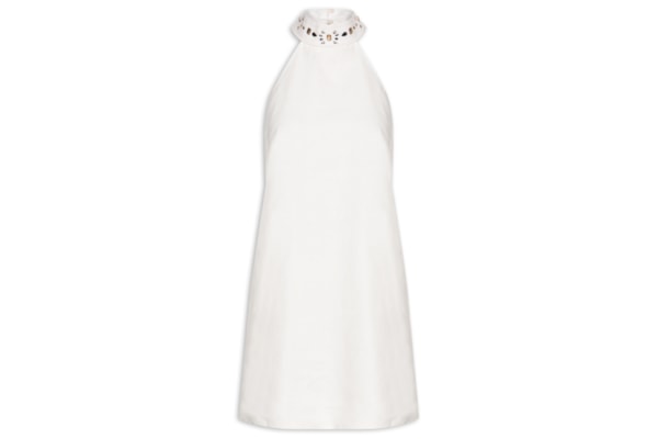 Vestido Curto Gola Cristais - Branco