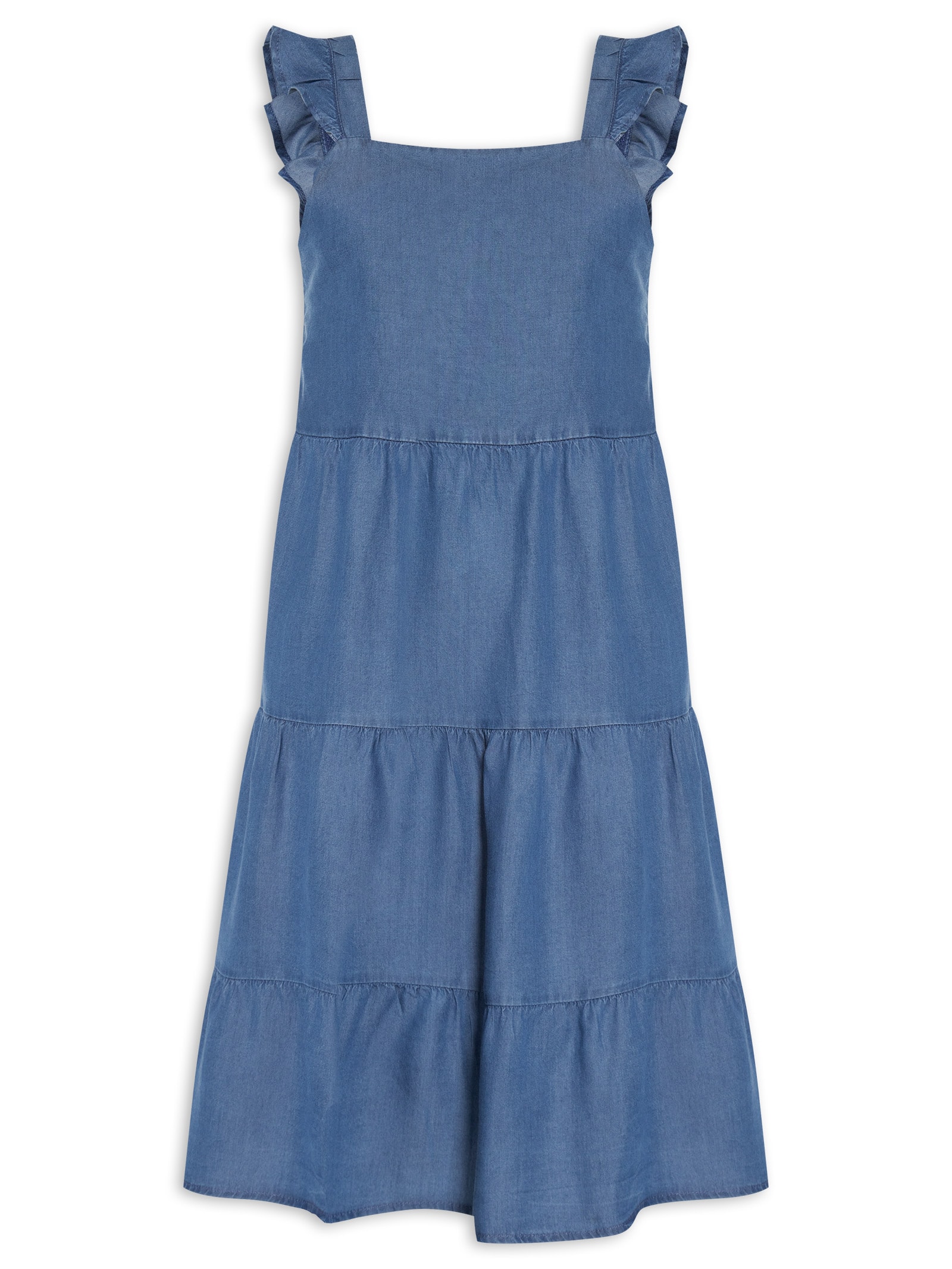Vestido Curto Leve Com Fenda E Alça Babado Azul Basiq