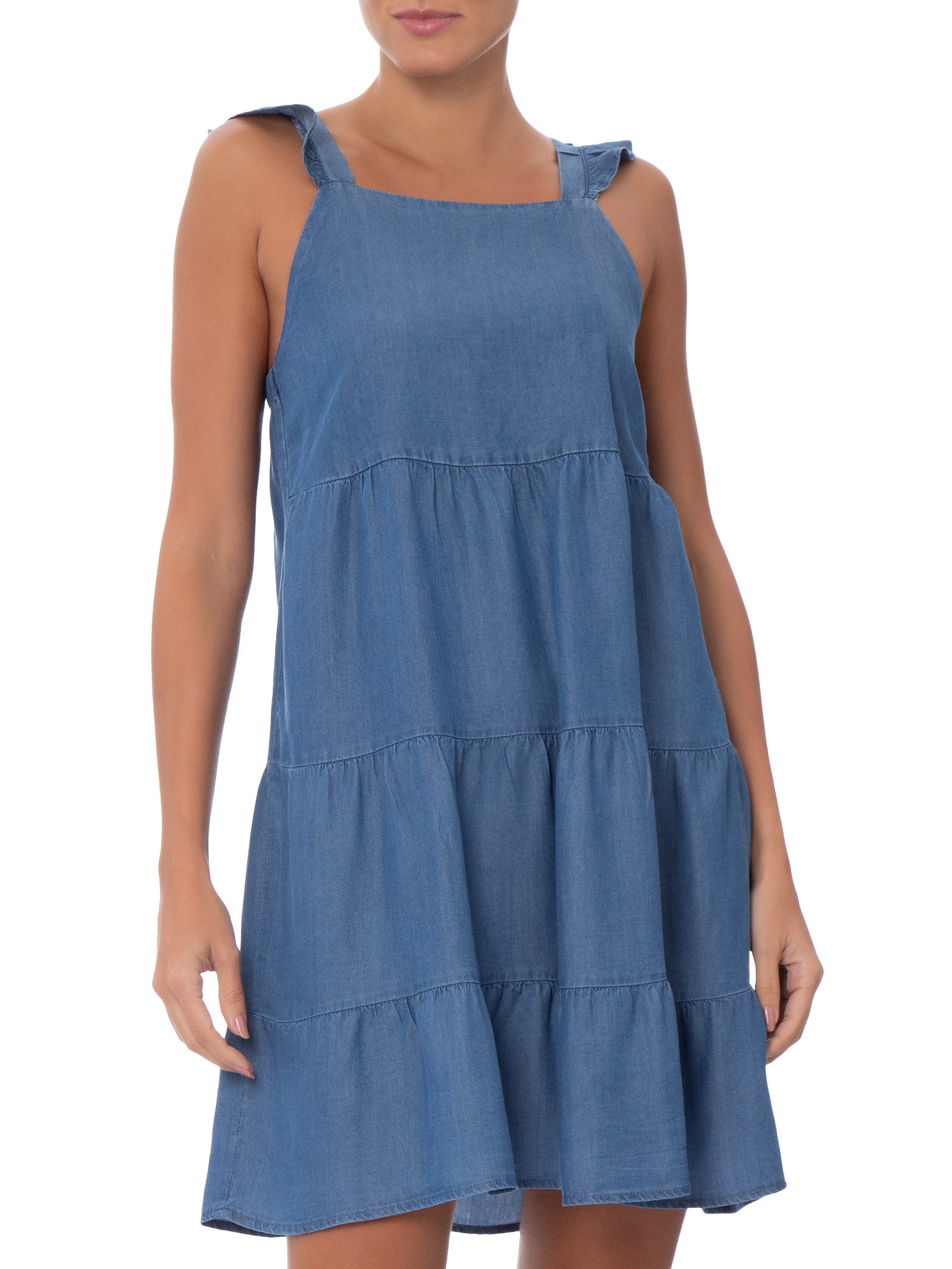 Vestido Curto Leve Com Fenda E Alça Babado Azul Basiq