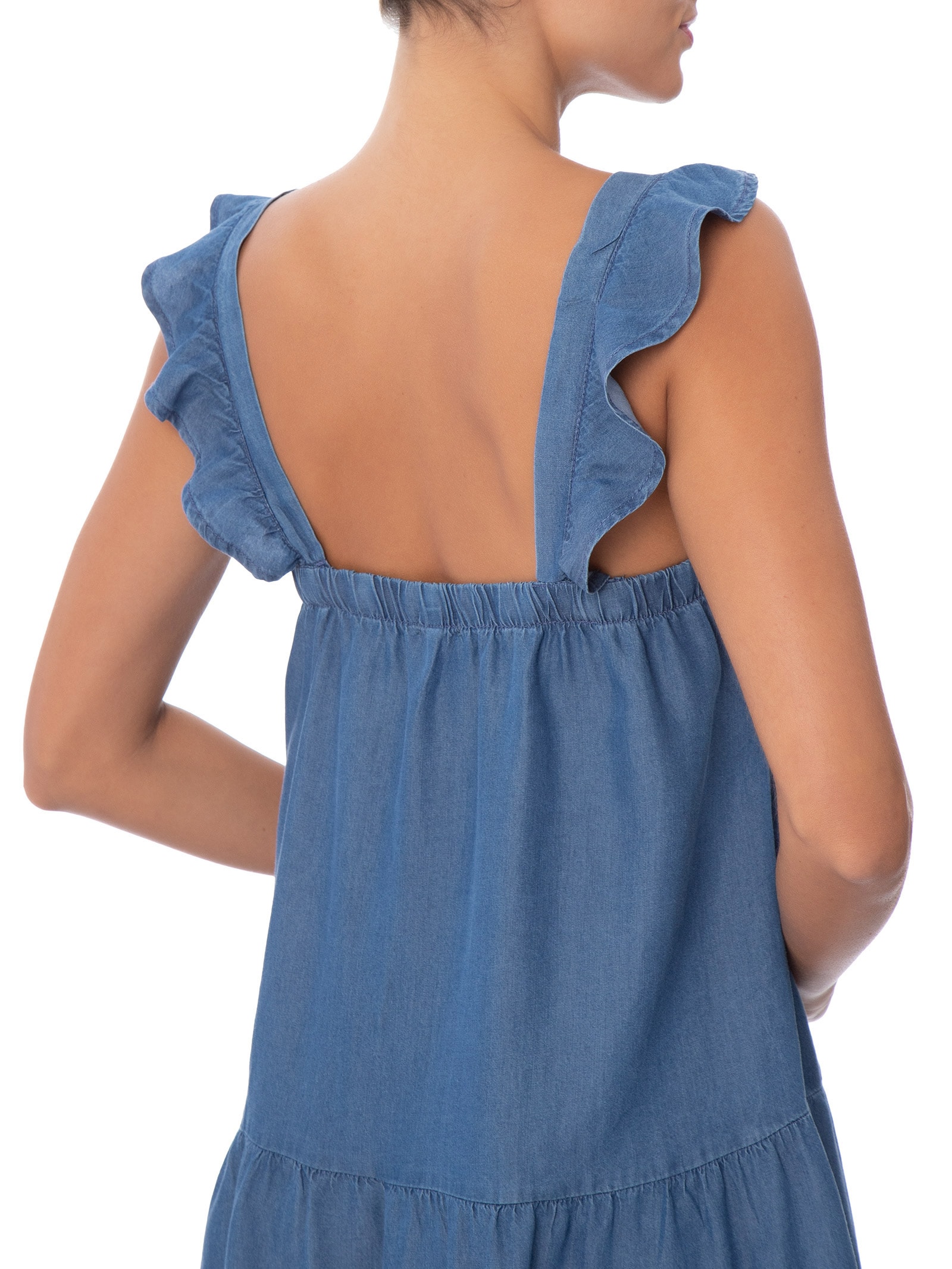 Vestido Curto Leve Com Fenda E Alça Babado Azul Basiq