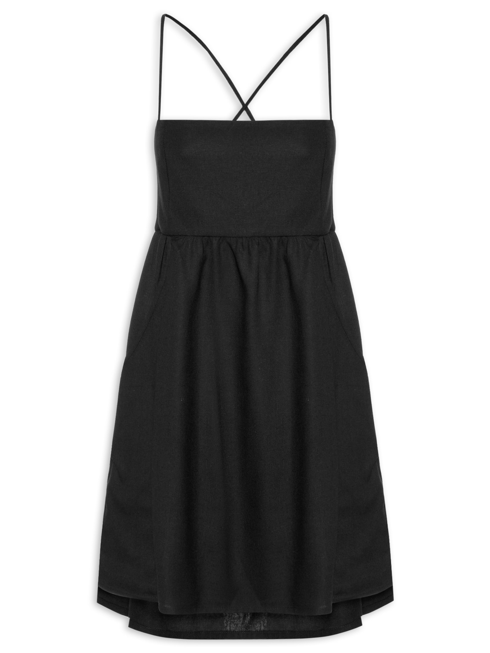 Vestido Curto Linho Bolsos Laterais Preto Dress To