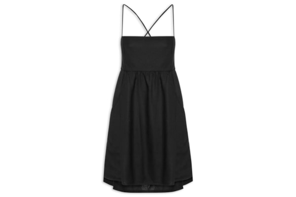 Vestido Curto Linho Bolsos Laterais - Preto