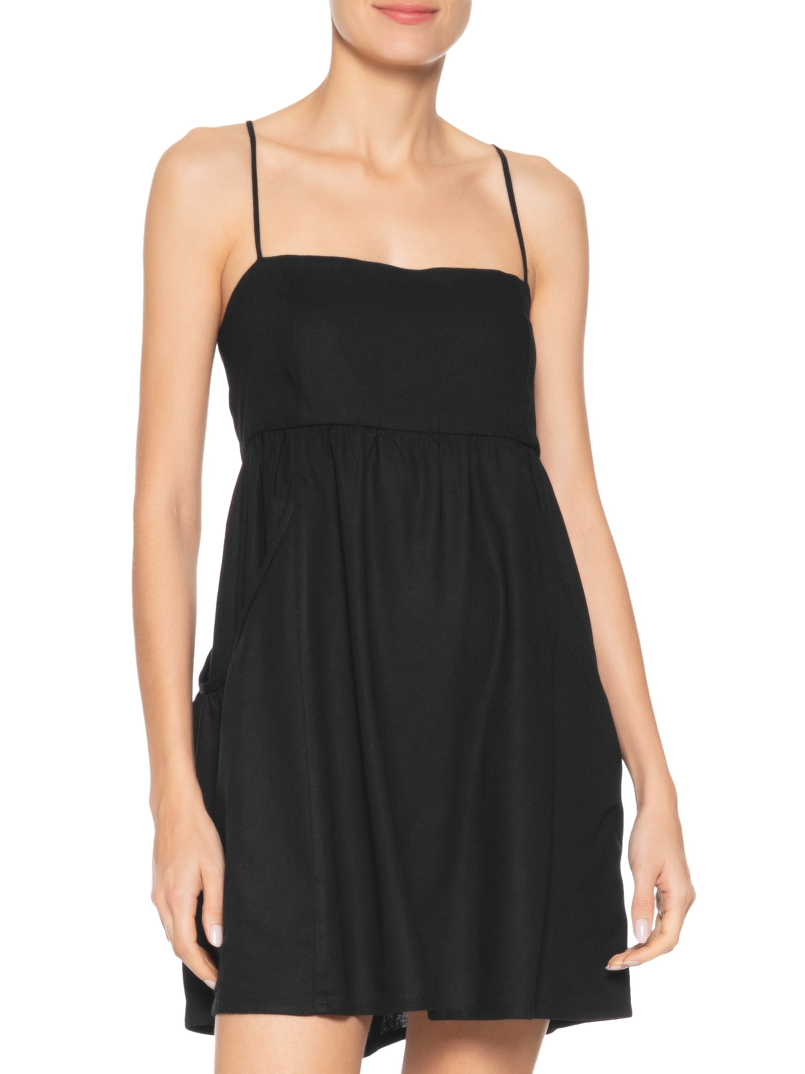 Vestido Curto Linho Bolsos Laterais Preto Dress To