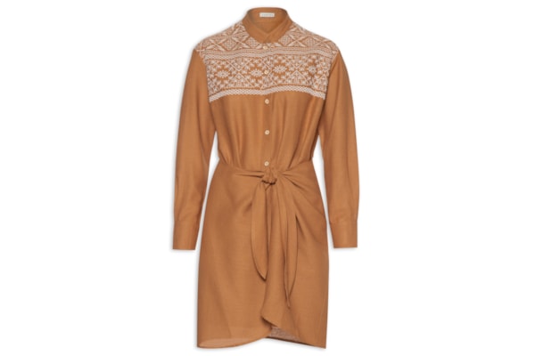 Vestido Curto Linho Bordado Andarilhos - Marrom
