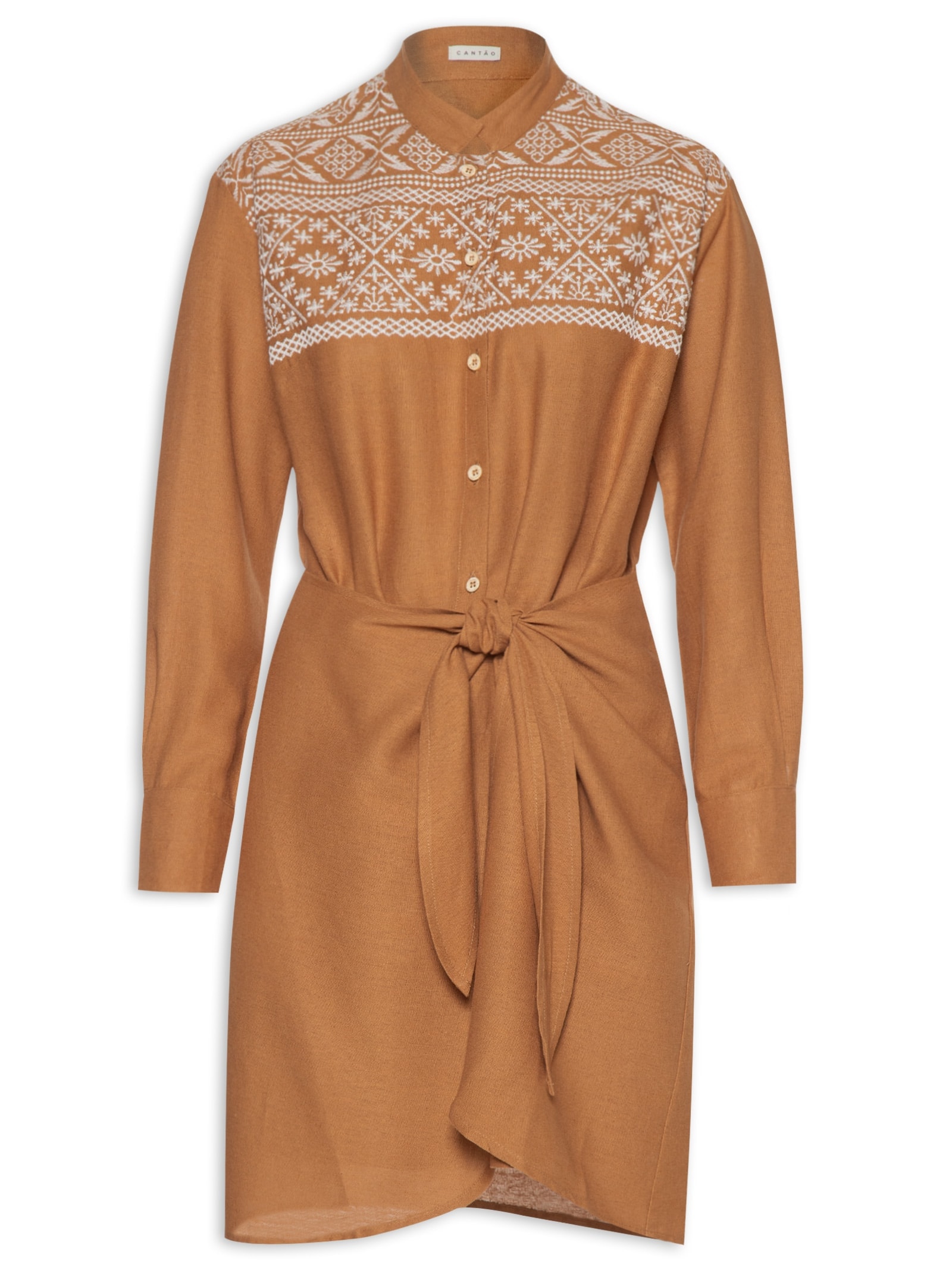Vestido Curto Linho Bordado Andarilhos Marrom Cantão