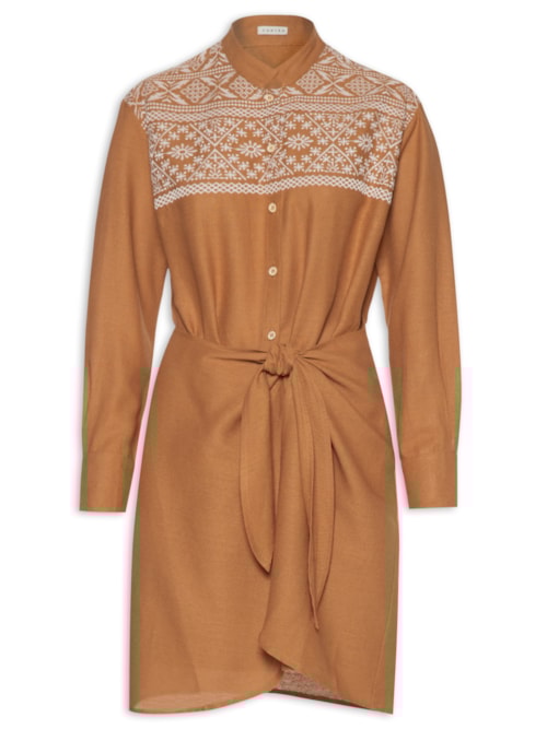 Vestido Curto Linho Bordado Andarilhos – Marrom