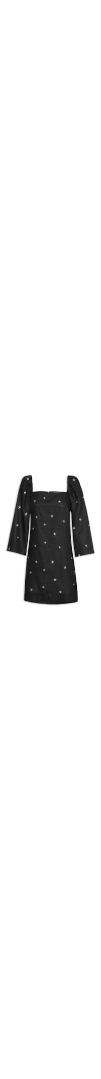 Vestido Curto Linho Bordado Estrela Lurex - Preto