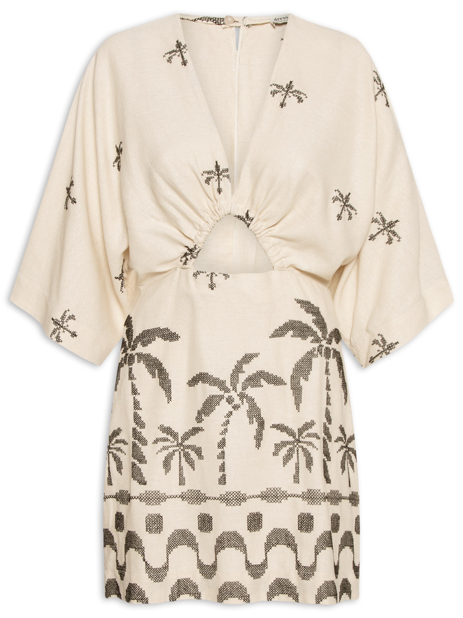 Vestido Curto Linho Bordado Orla Bege Dress To