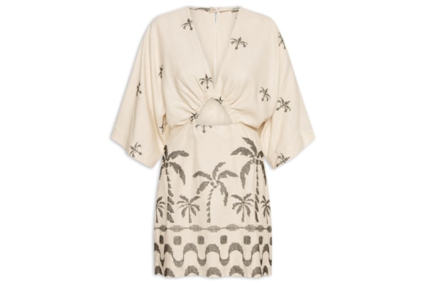 Vestido Curto Linho Bordado Orla - Bege