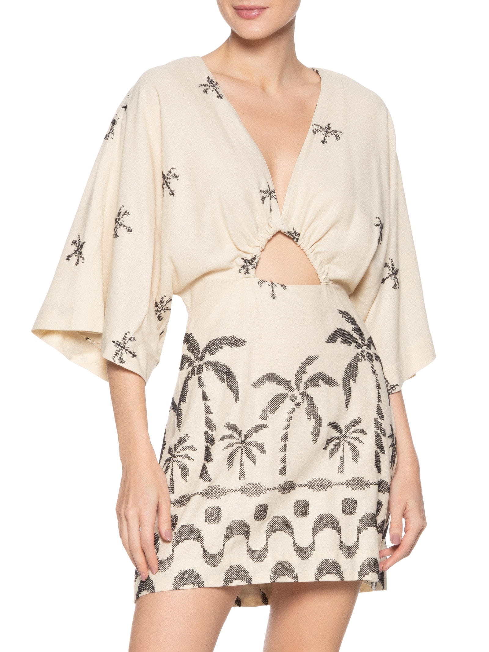 Vestido Curto Linho Bordado Orla Bege Dress To