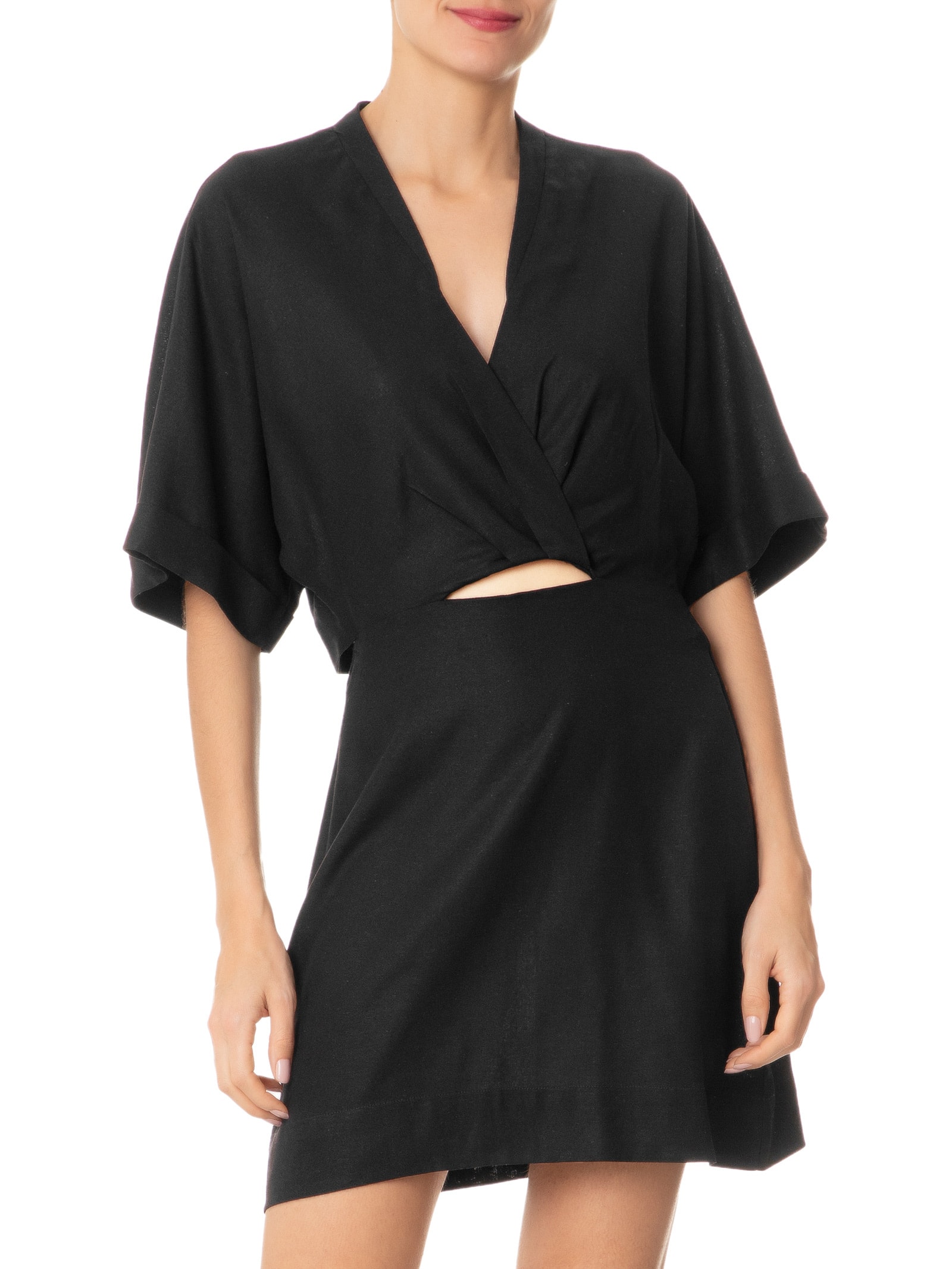 Vestido Curto Linho Manga Preto Dress To