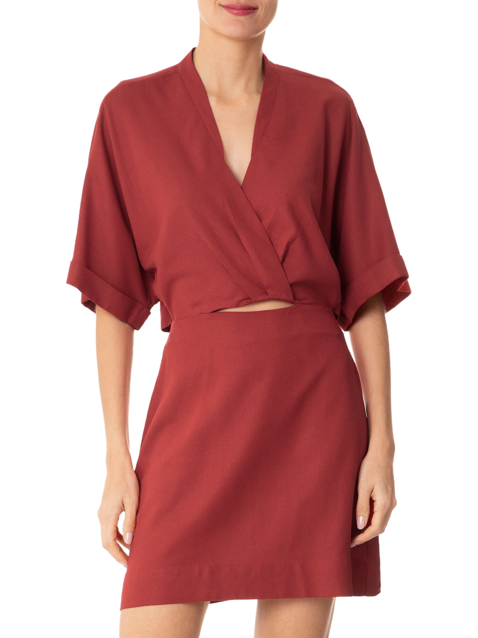 Vestido Curto Linho Manga Vermelho Dress To