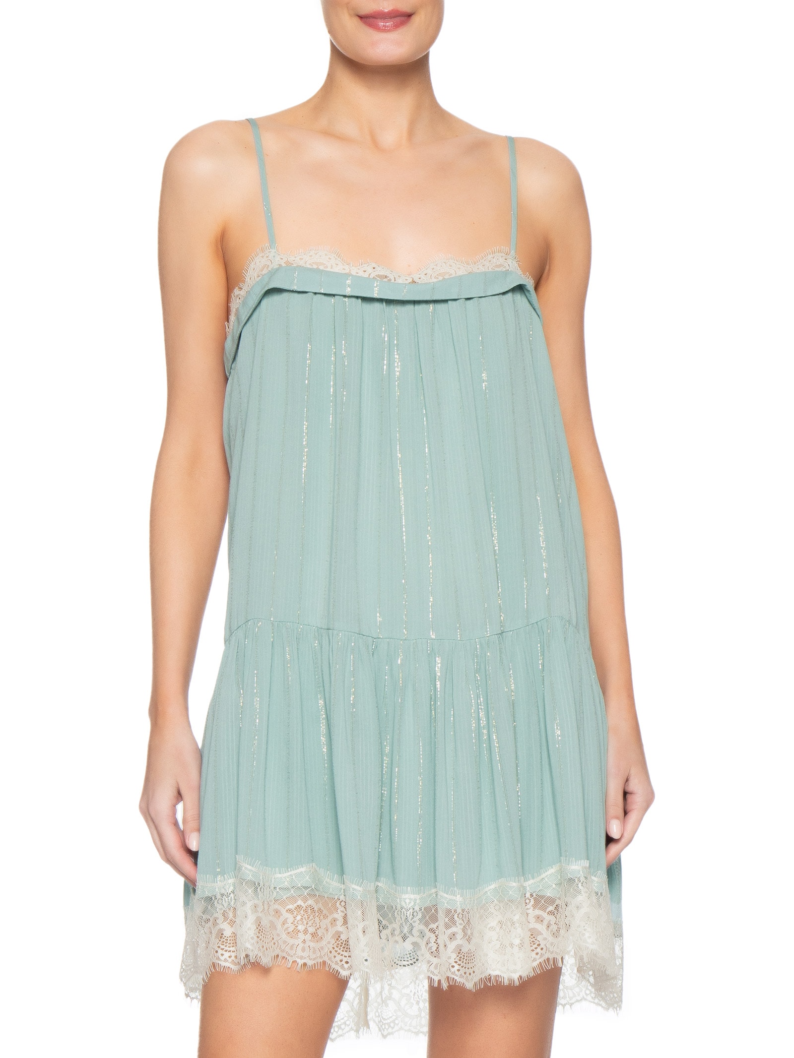 Vestido Curto Lurex Com Renda Verde Dress To