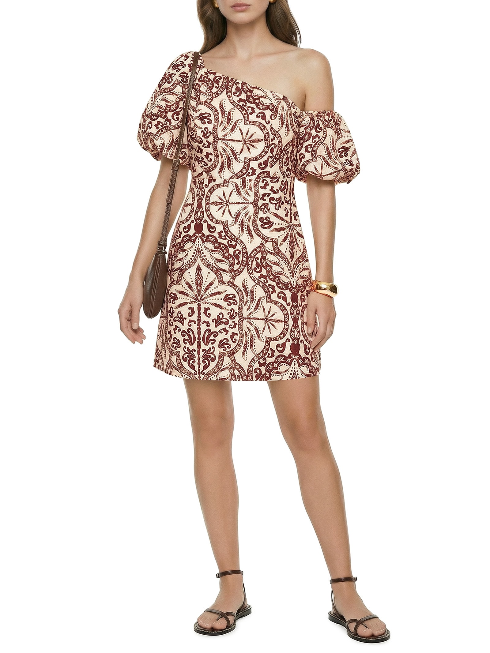 Vestido Curto Manga Balonê Marrom Cacay