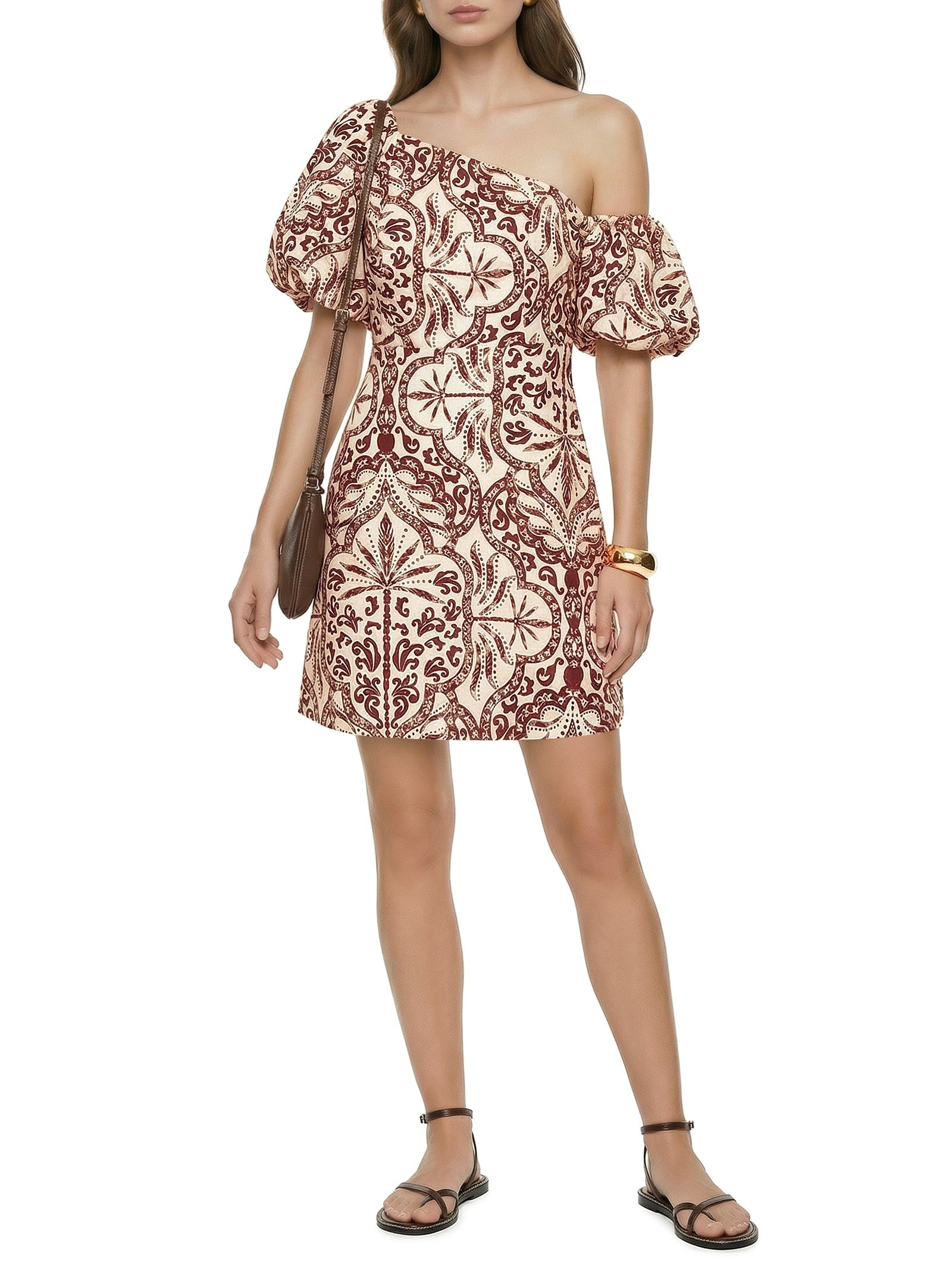 Vestido Curto Manga Balonê Marrom Cacay