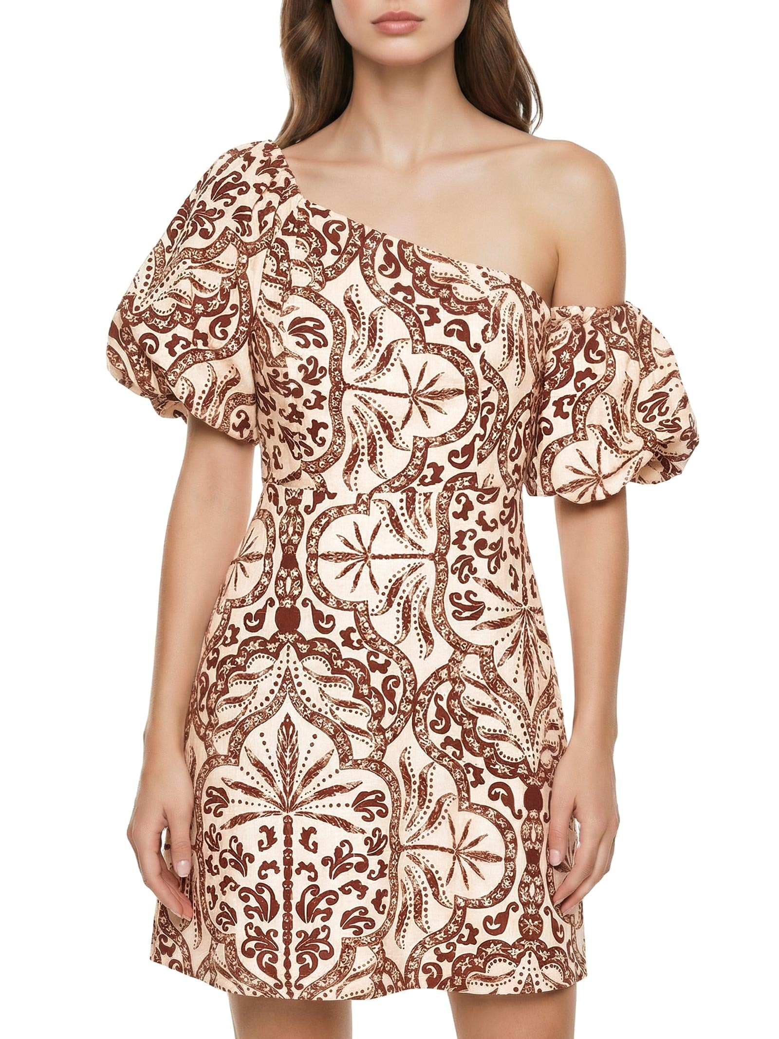 Vestido Curto Manga Balonê Marrom Cacay