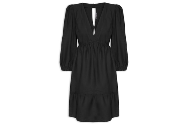 Vestido Curto Manga Bufante Pala Decote - Preto