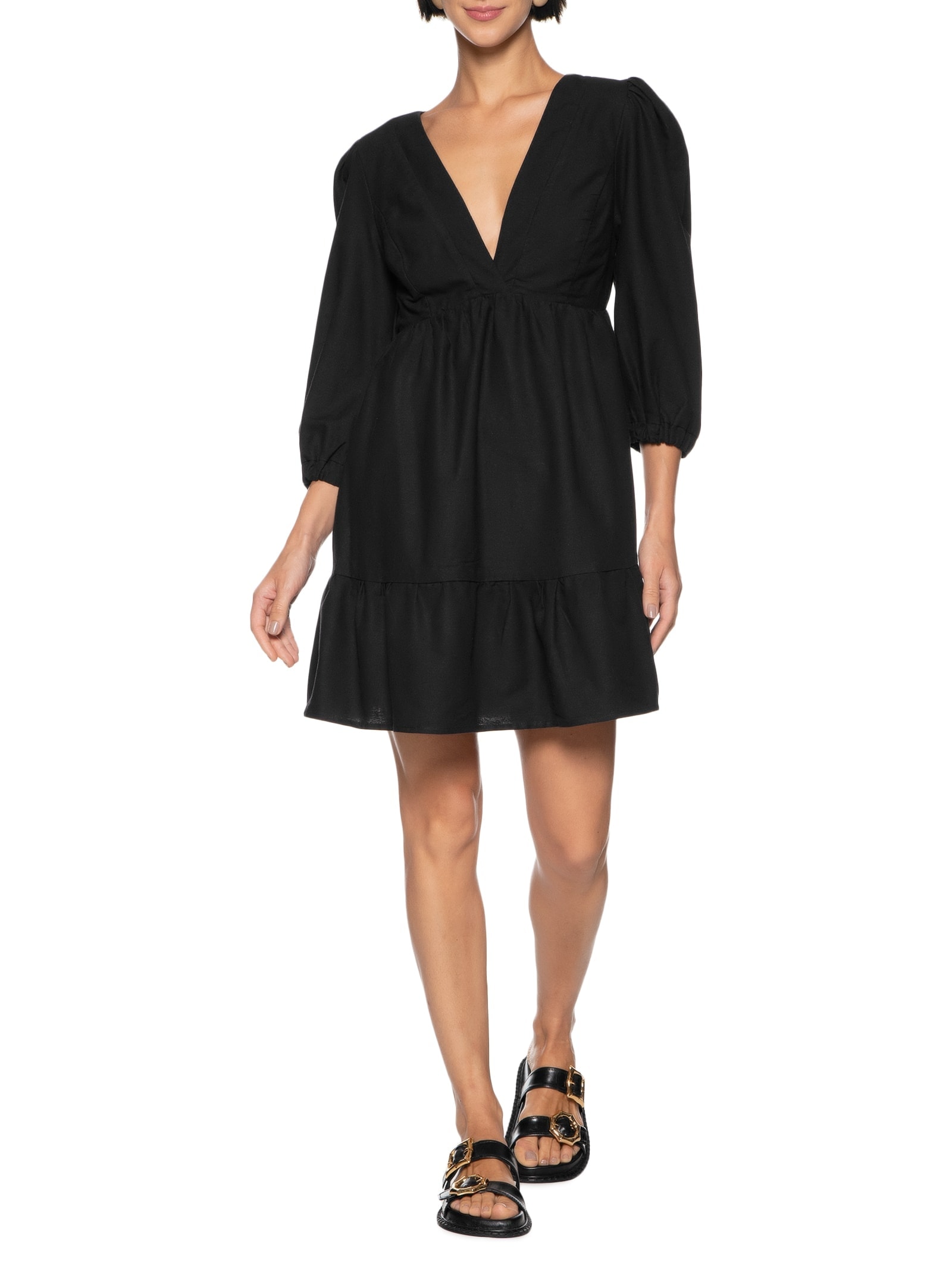 Vestido Curto Manga Bufante Pala Decote Preto Cacay