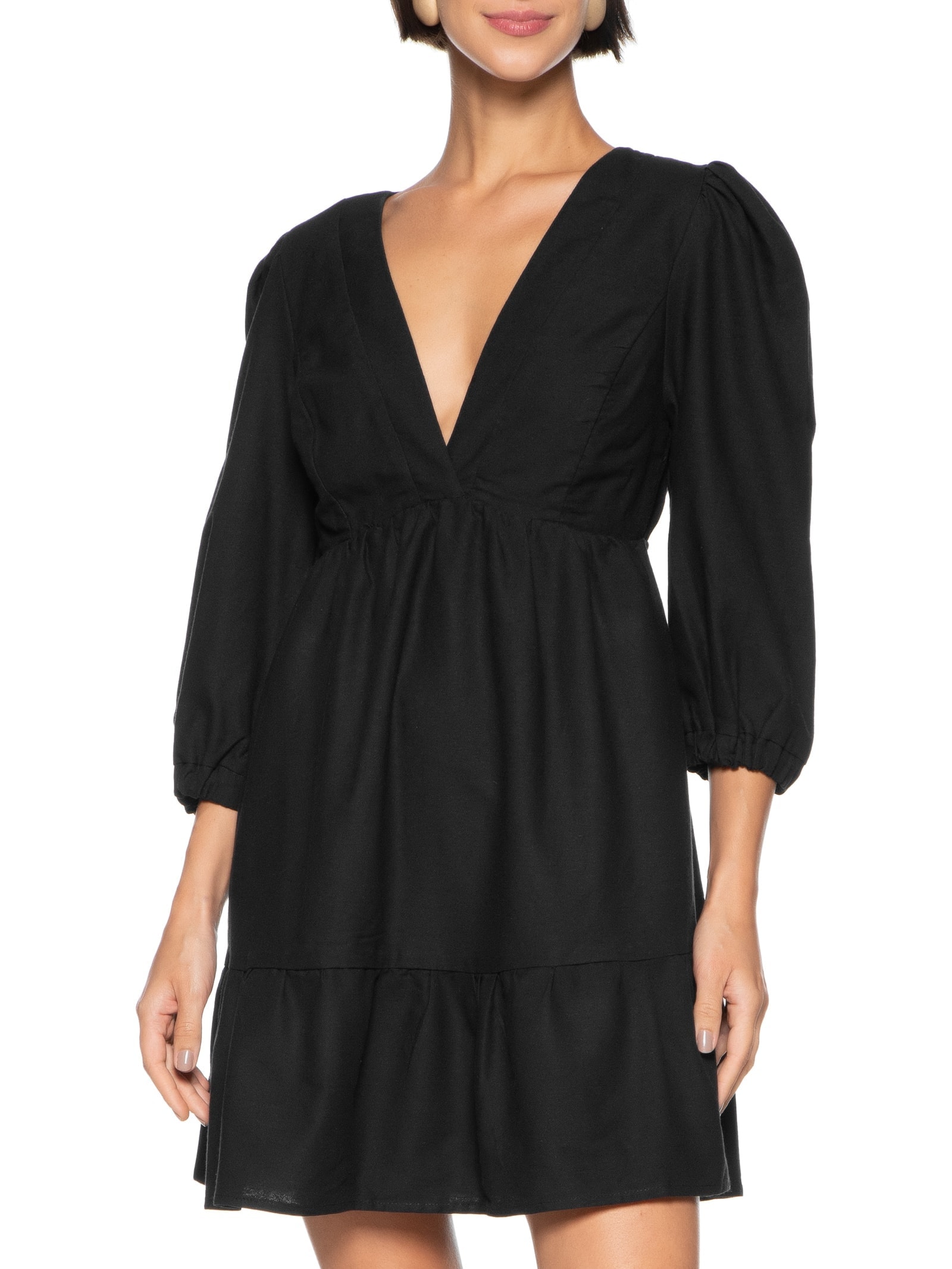 Vestido Curto Manga Bufante Pala Decote Preto Cacay