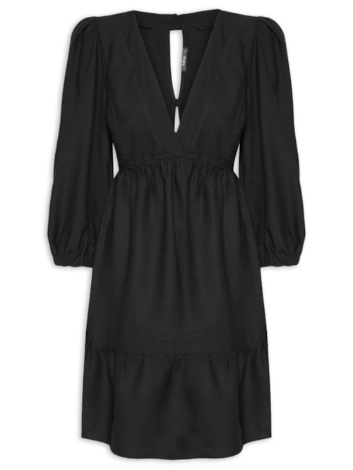 Vestido Curto Manga Bufante Pala Decote – Preto