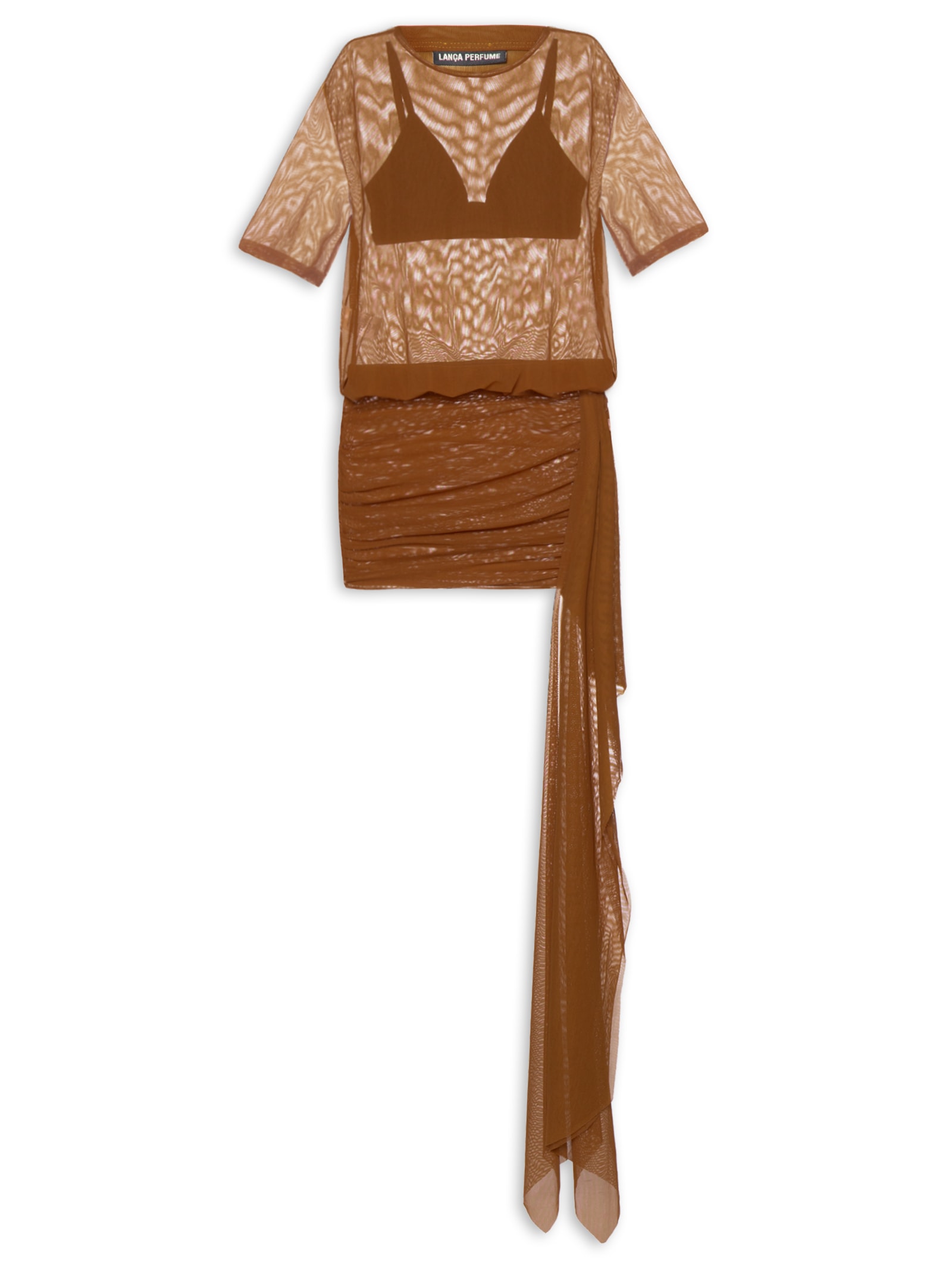 Vestido Curto Manga Curta De Tule Marrom Lança Perfume