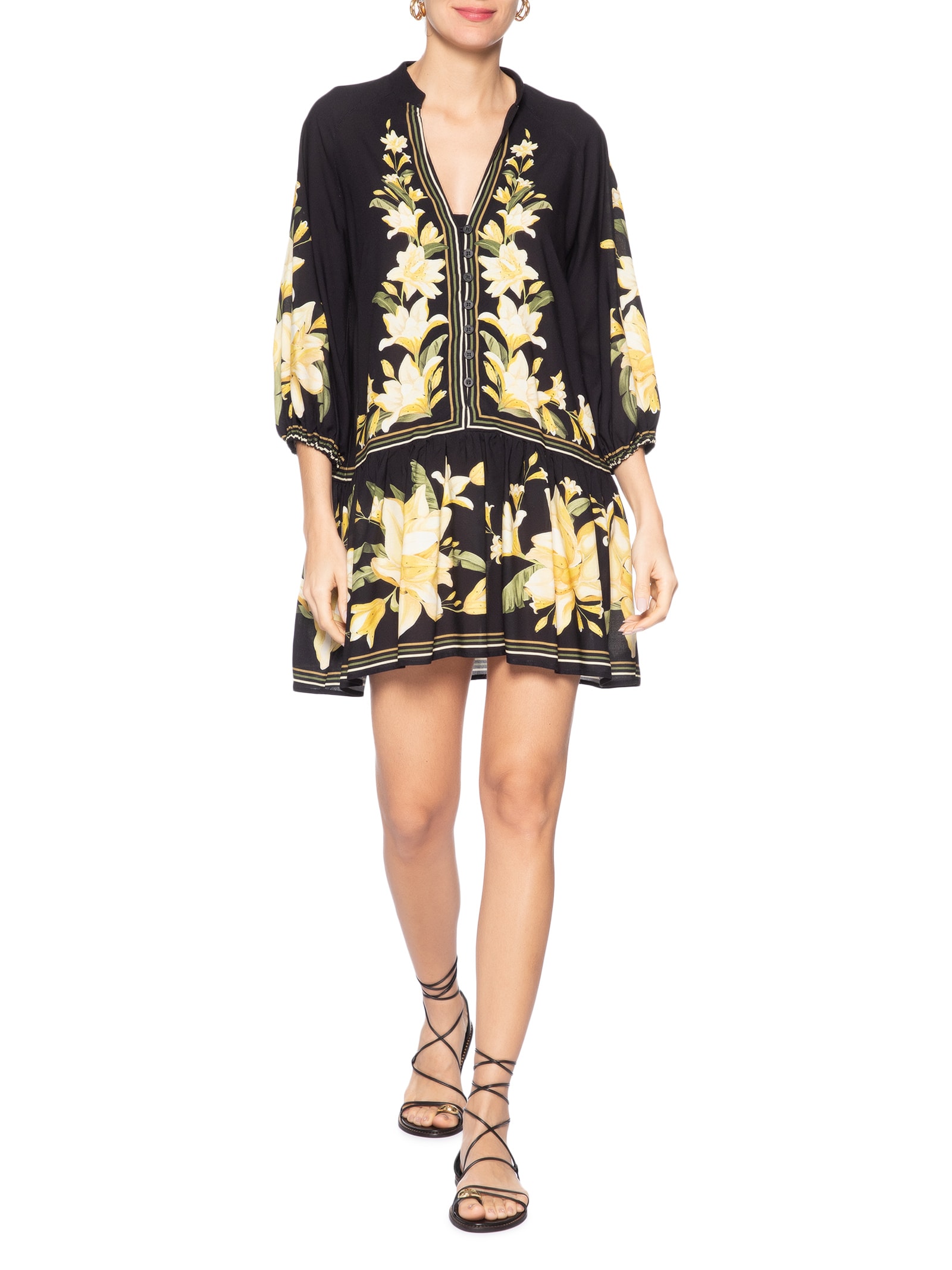Vestido Curto Manga Flor Nana – Preto Farm