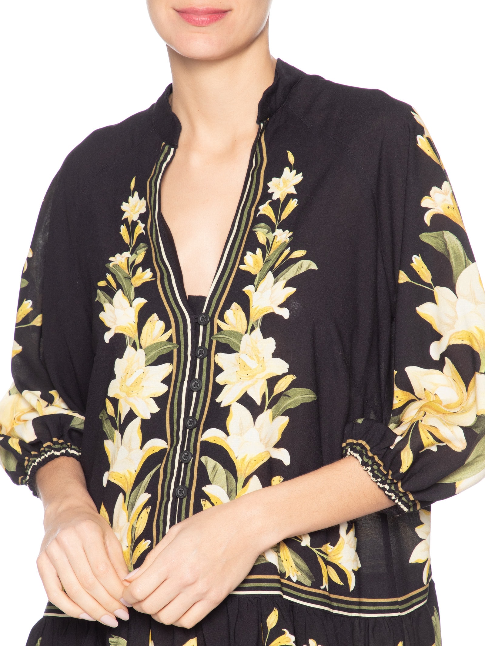 Vestido Curto Manga Flor Nana – Preto Farm