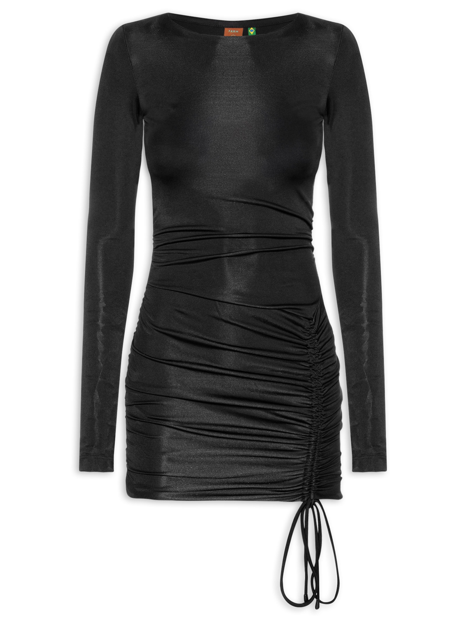 Vestido Curto Manga Longa Drapeado Preto Farm