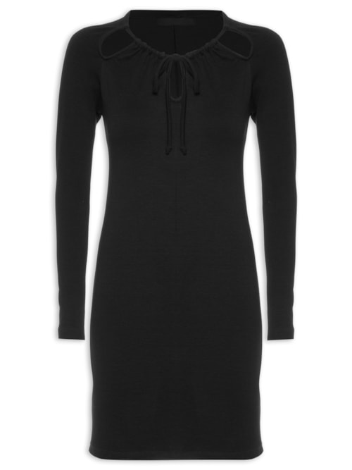 Vestido Curto Manga Longa Em Malha – Preto