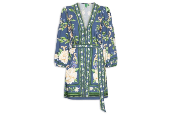 Vestido Curto Manga Longa Flor Celeste - Azul