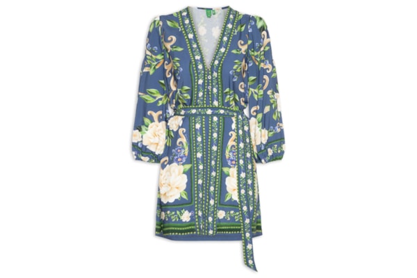 Vestido Curto Manga Longa Flor Celeste – Azul