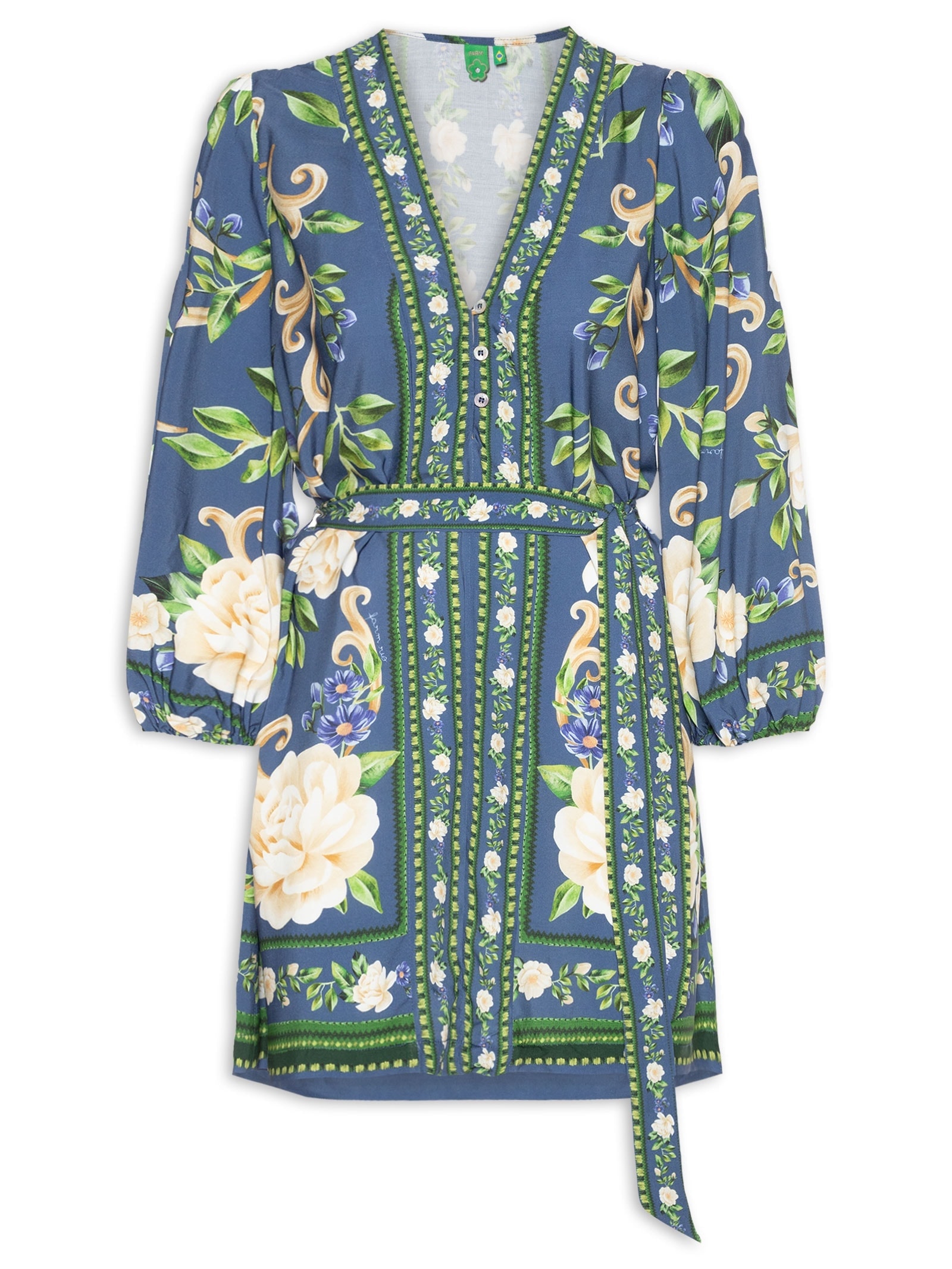 Vestido Curto Manga Longa Flor Celeste – Azul Farm