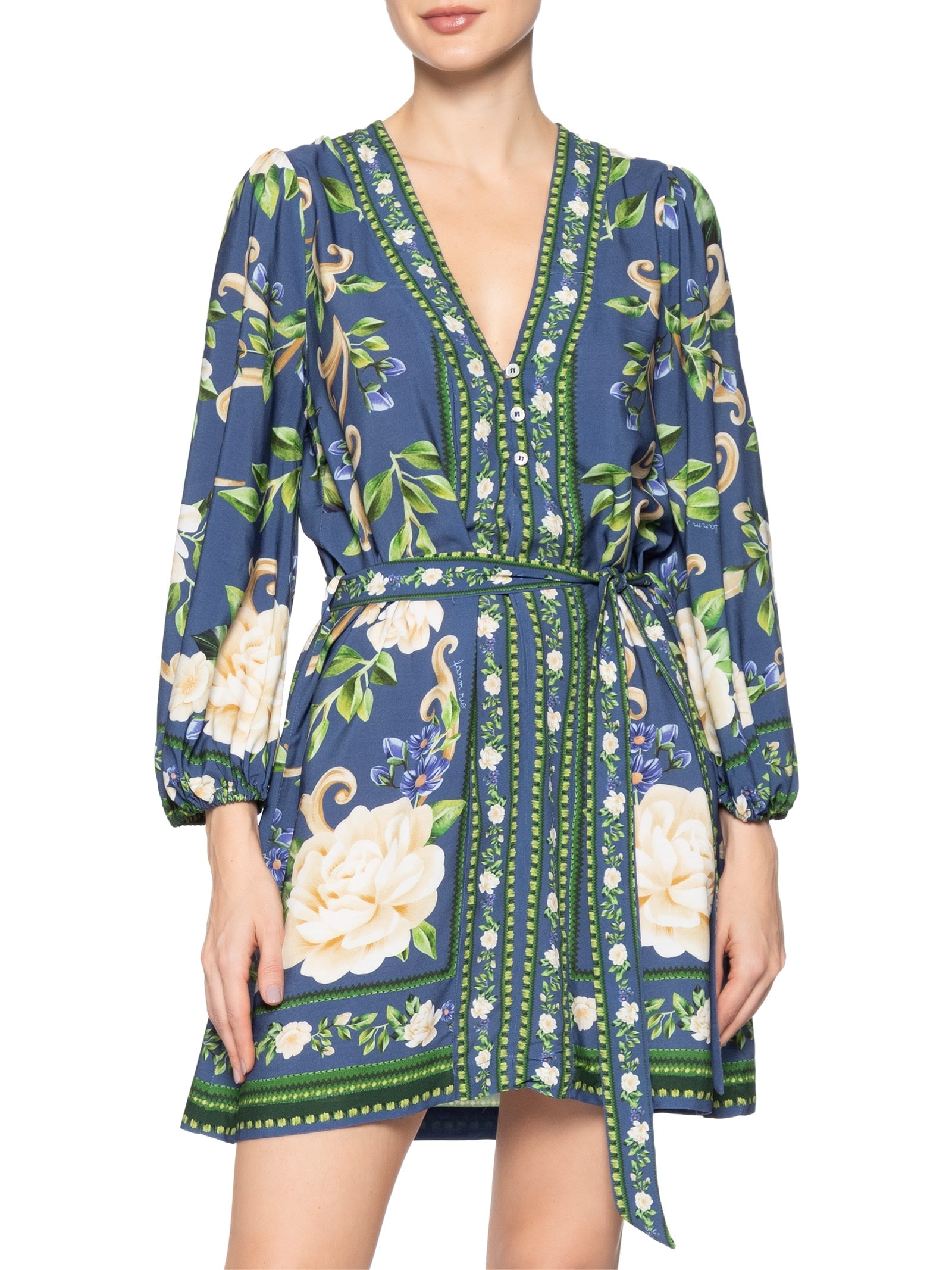 Vestido Curto Manga Longa Flor Celeste – Azul Farm