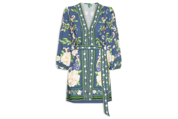 Vestido Curto Manga Longa Flor Celeste – Azul