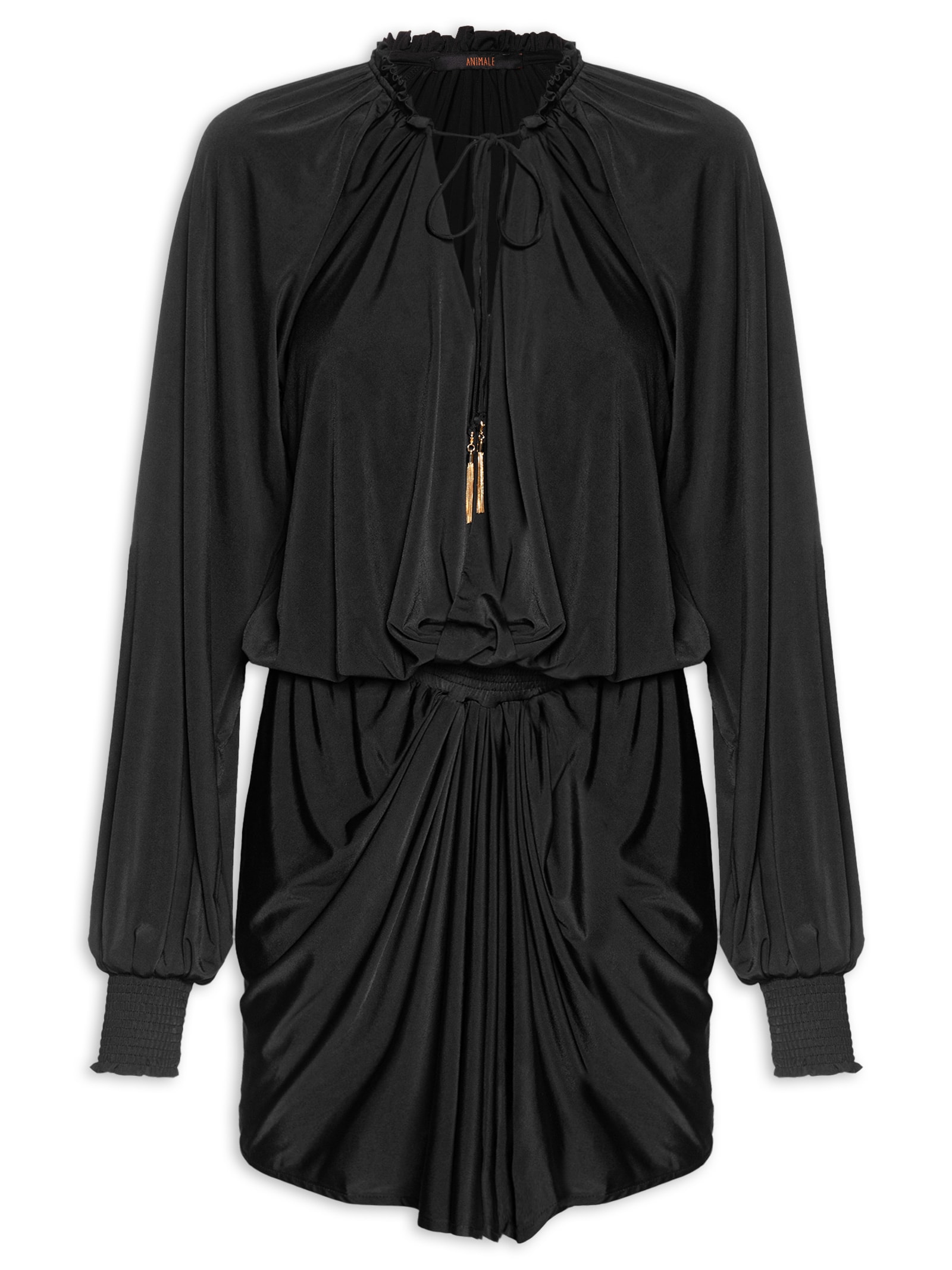 Vestido Curto Manga Longa Jersey Preto Animale