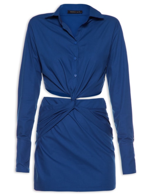 Vestido Curto Manga Longa Torção – Azul