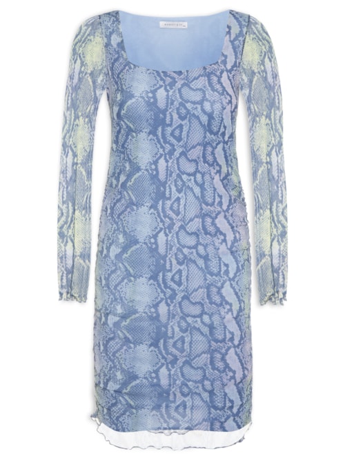 Vestido Curto Manga Longa Tule - Azul