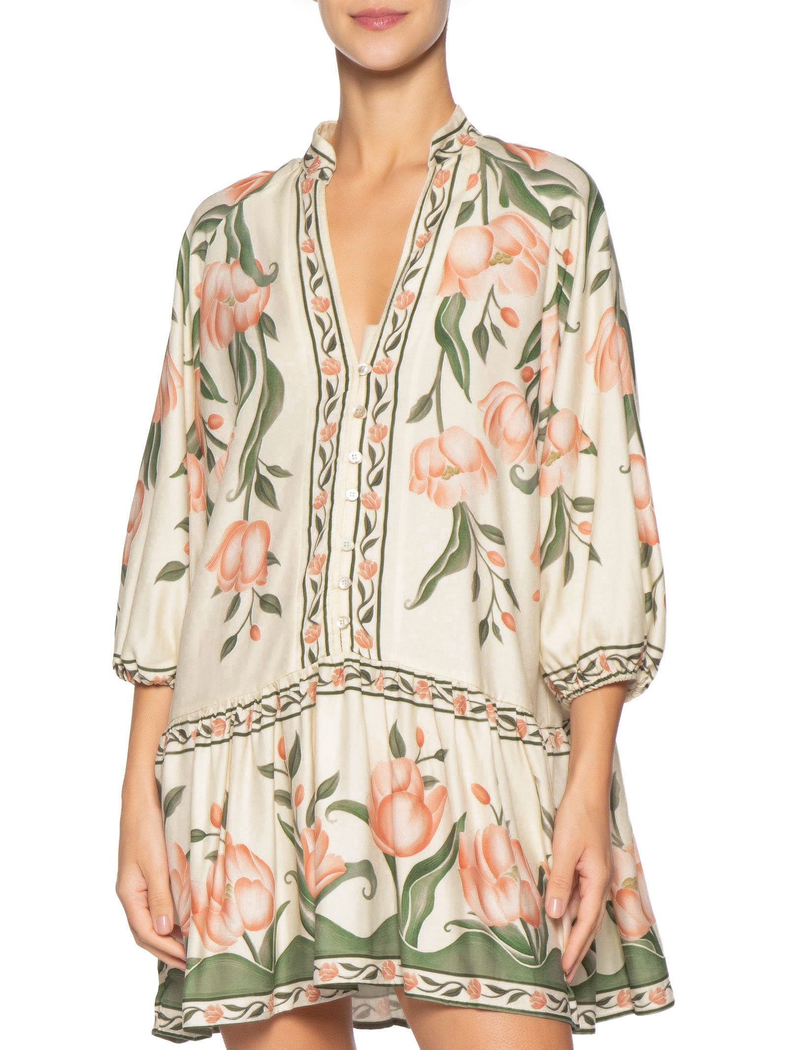 Vestido Curto Manga Sonho De Tulipas Rosa Farm