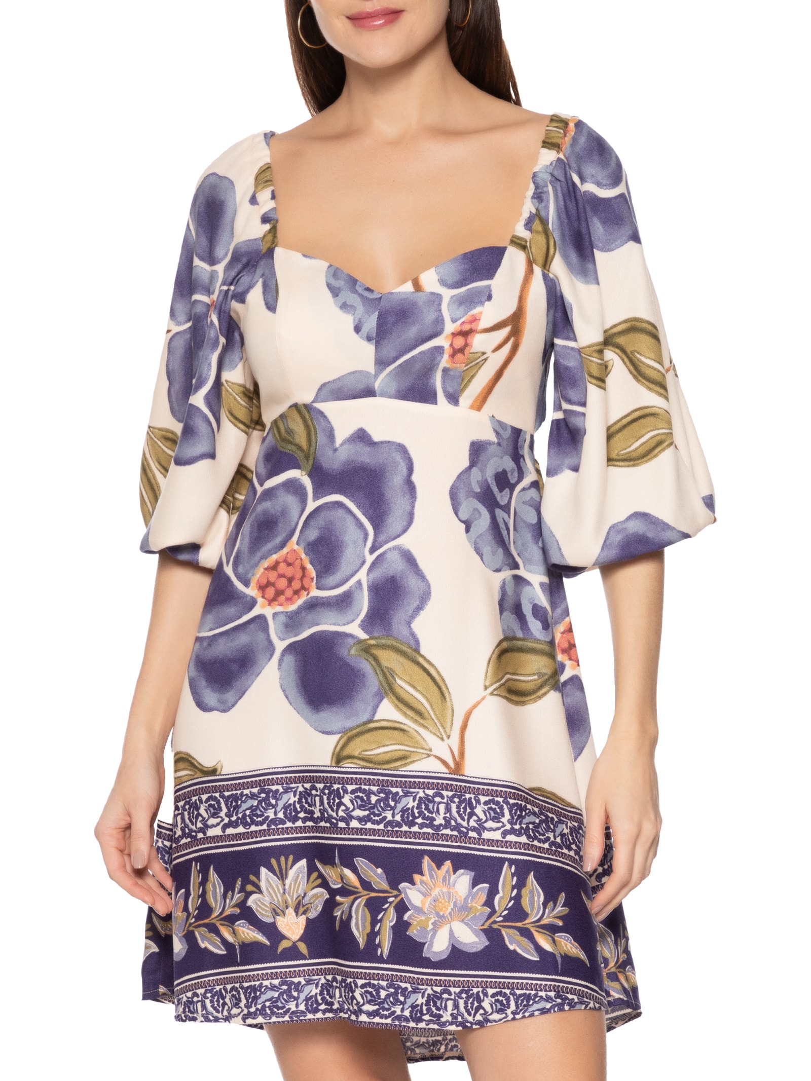 Vestido Curto Mangas Bufantes Azul Cacay