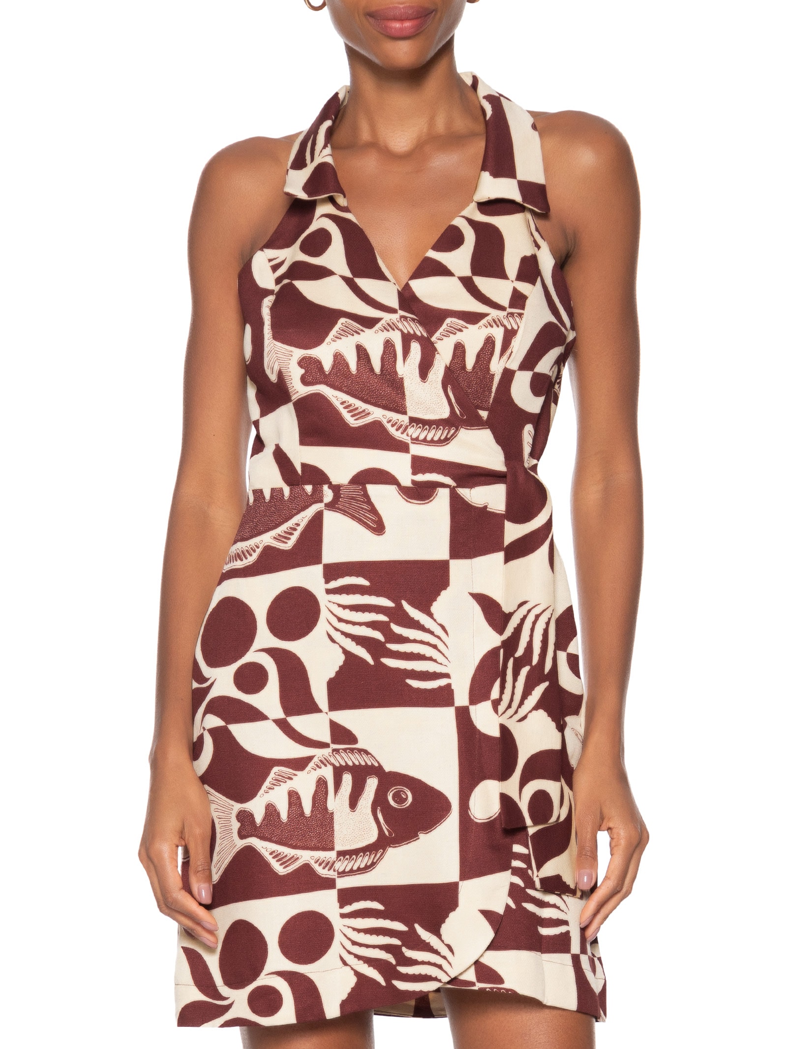 Vestido Curto Regata Cachecouer Estampado Marrom Cacay