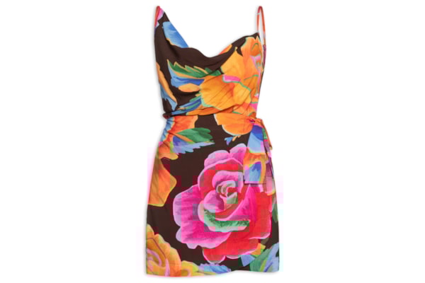 Vestido Curto Rosas Pintadas - Marrom