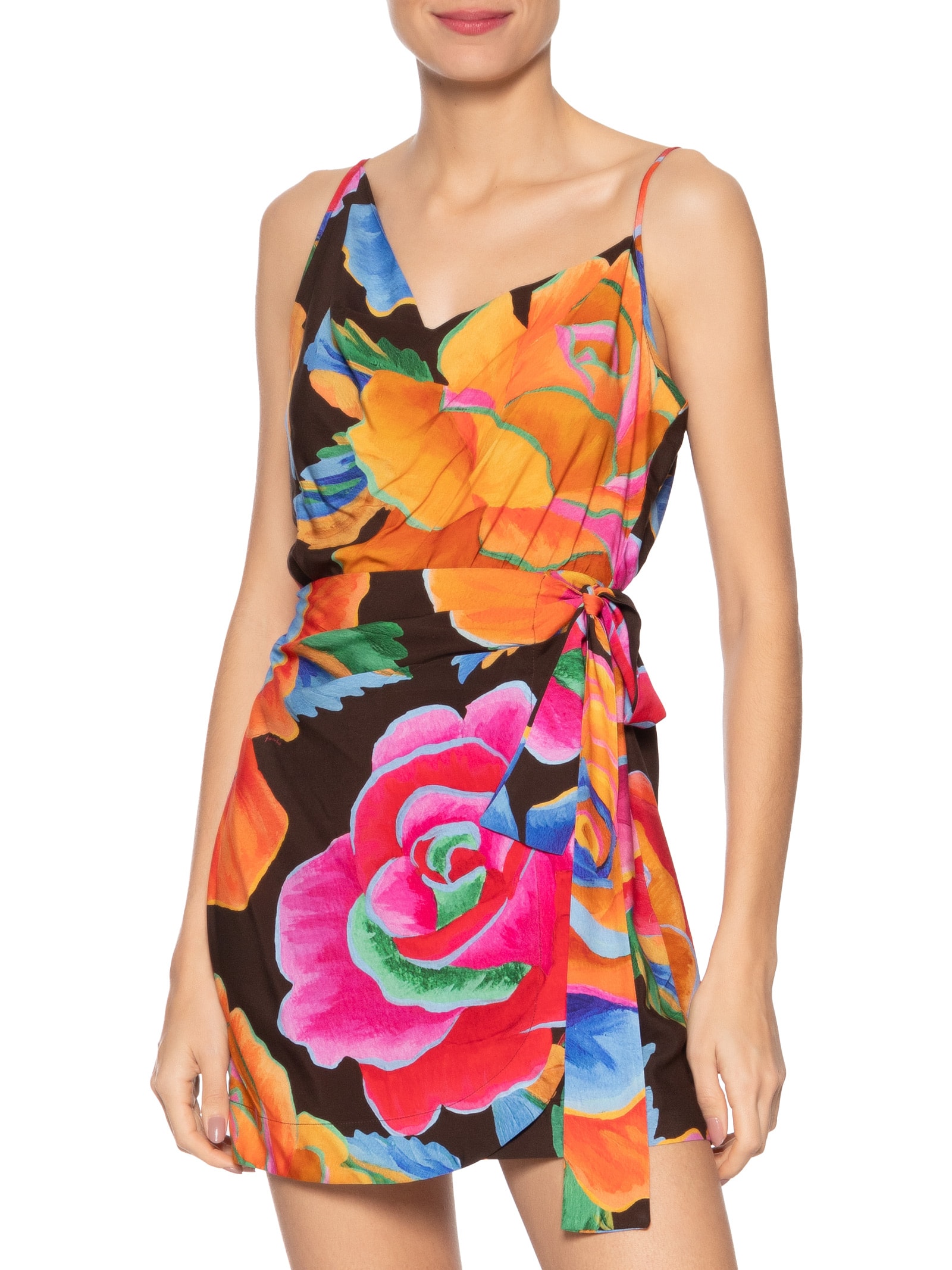 Vestido Curto Rosas Pintadas Marrom Farm