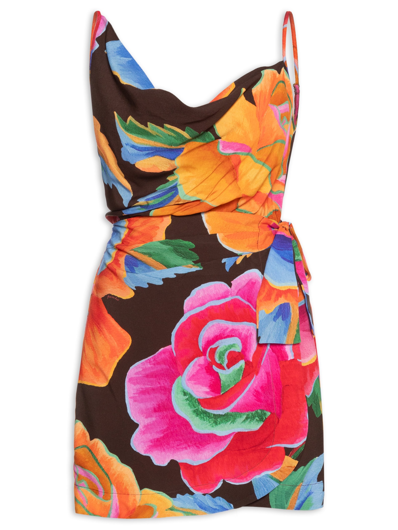 Vestido Curto Rosas Pintadas Marrom Farm