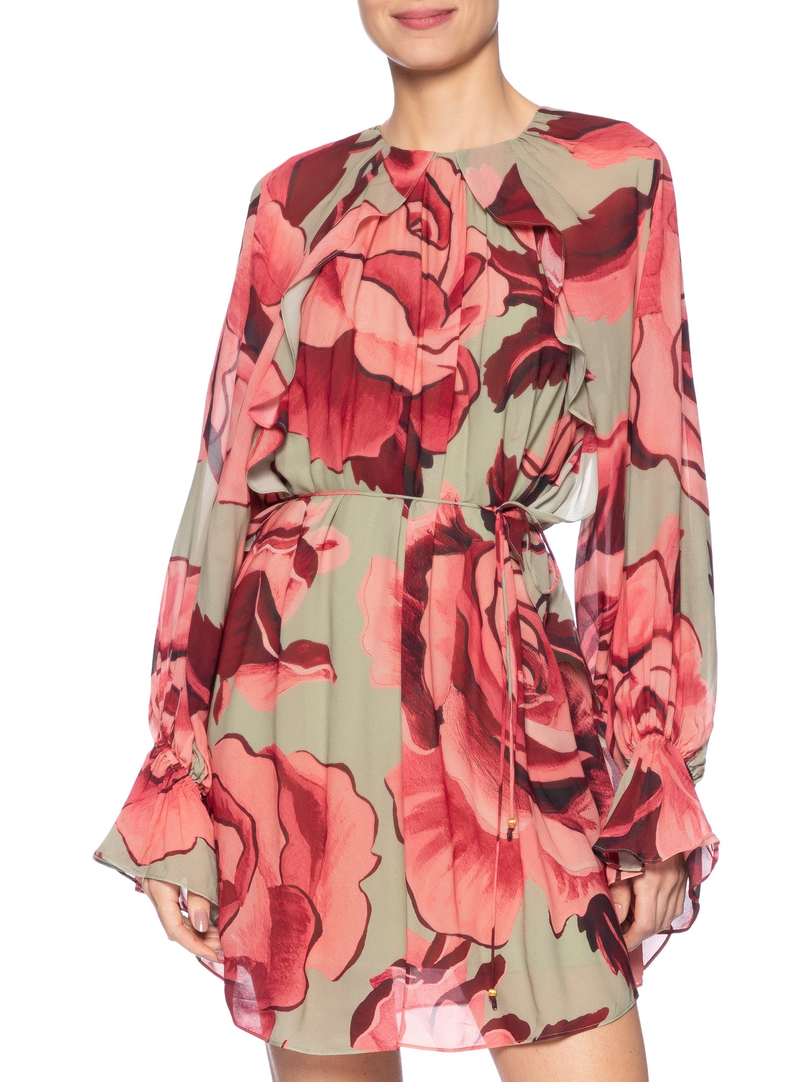 Vestido Curto Rosas Pintadas Verde Farm