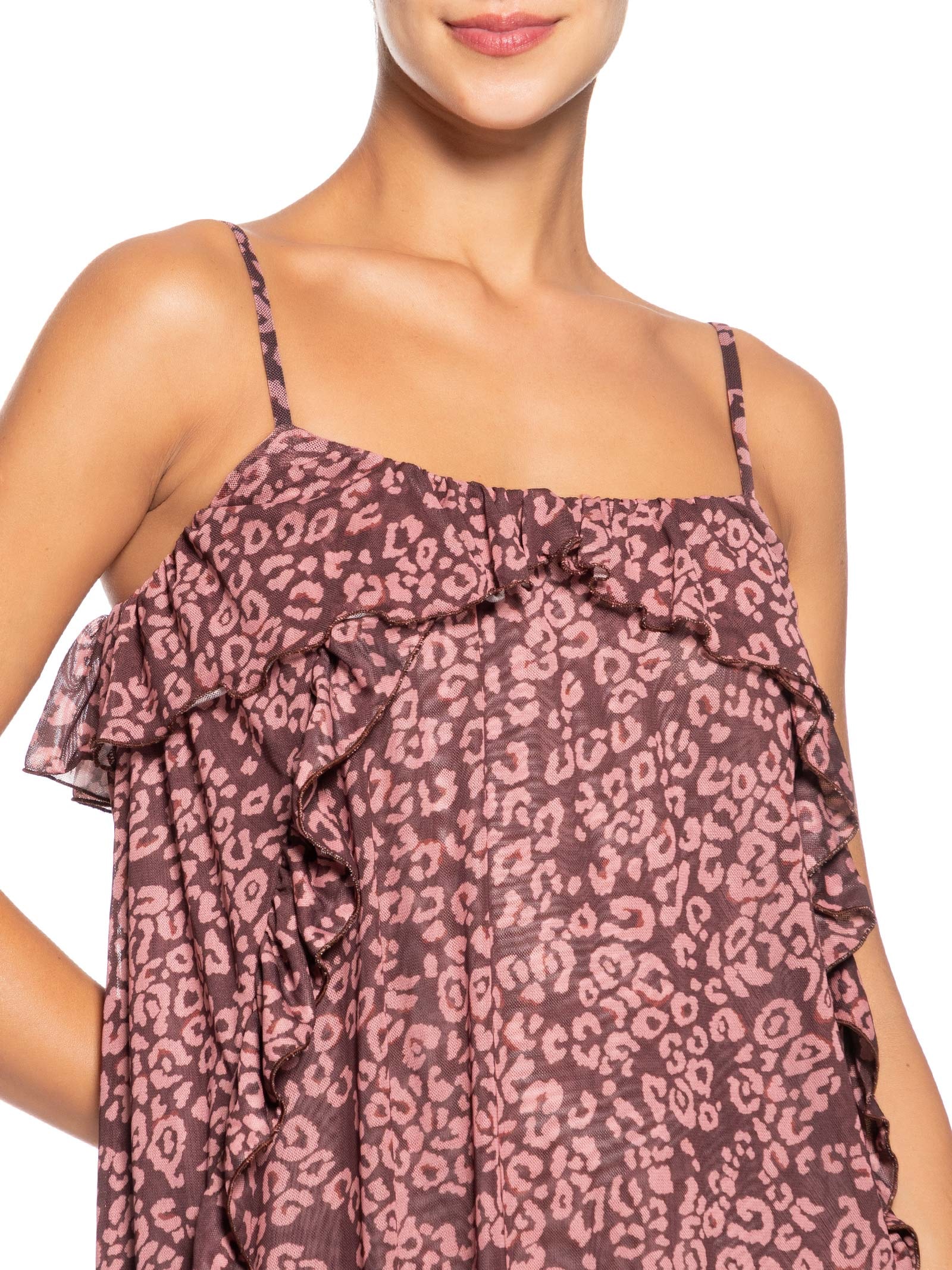 Vestido Curto Tule Estampa Felina Marrom Dress To