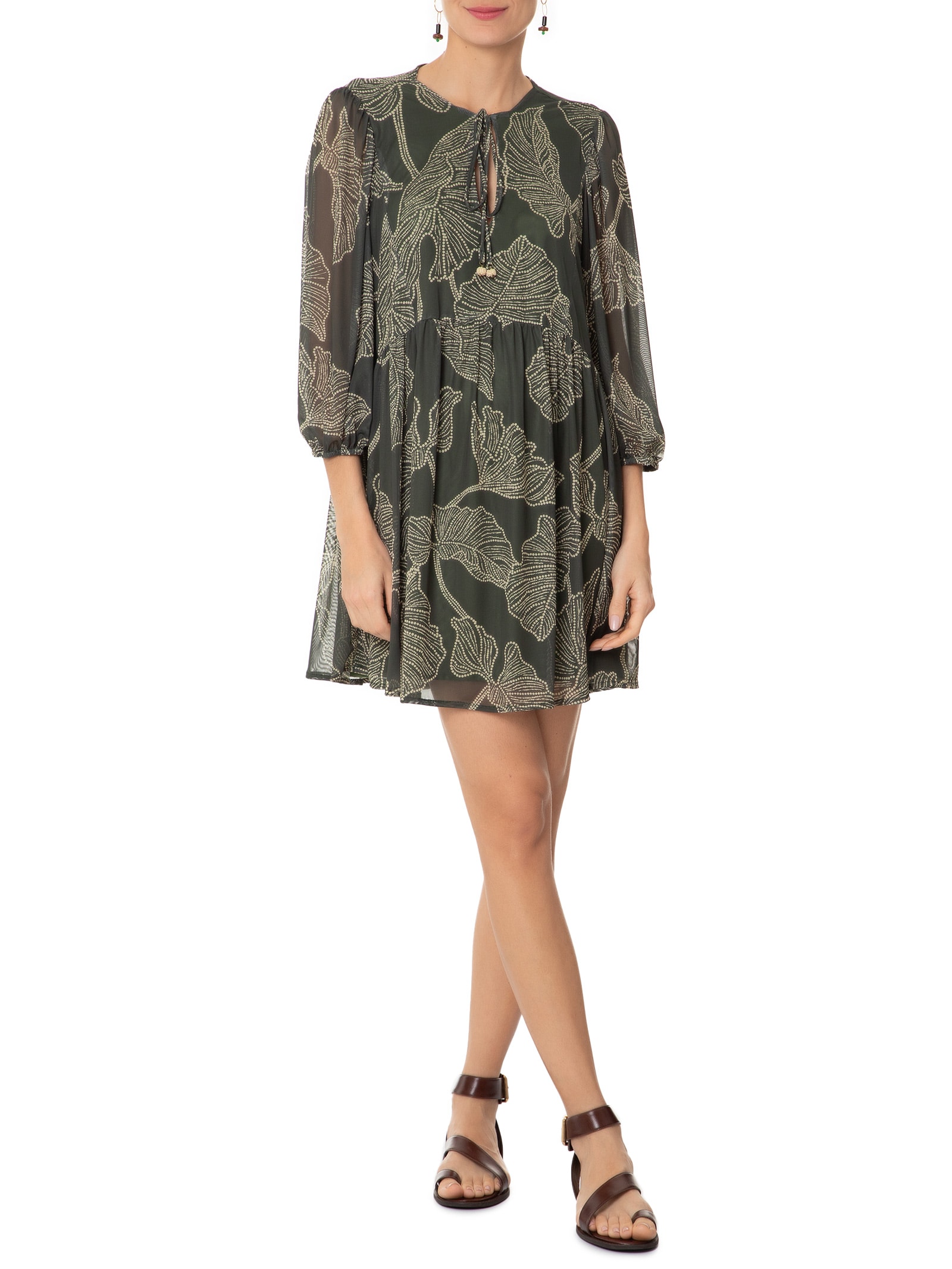 Vestido Curto Tule Estampa Ramos Verde Dress To