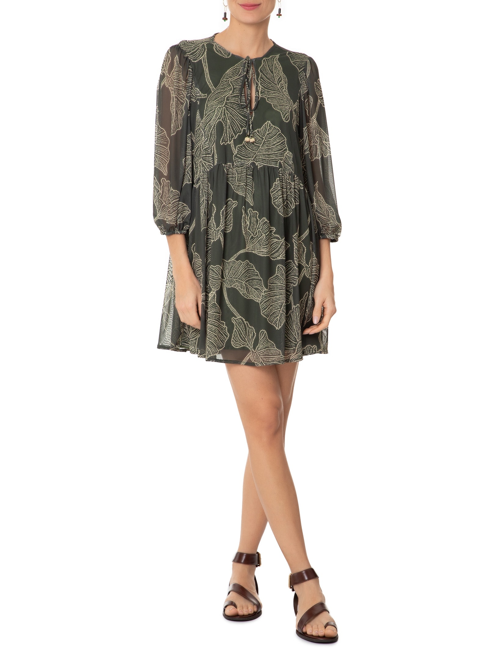 Vestido Curto Tule Estampa Ramos Verde Dress To